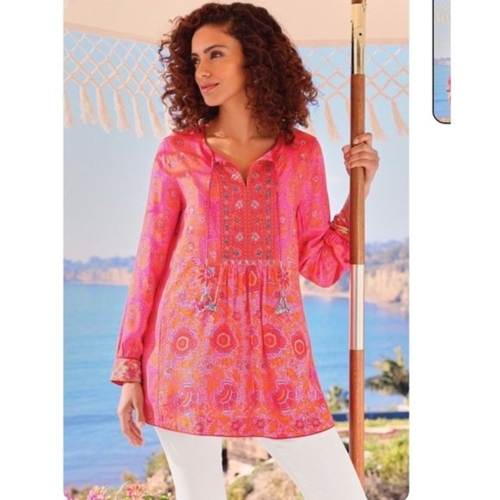 Soft Surroundings Marcella Framboise Fuschia Tunic Floral Embroidered size XS